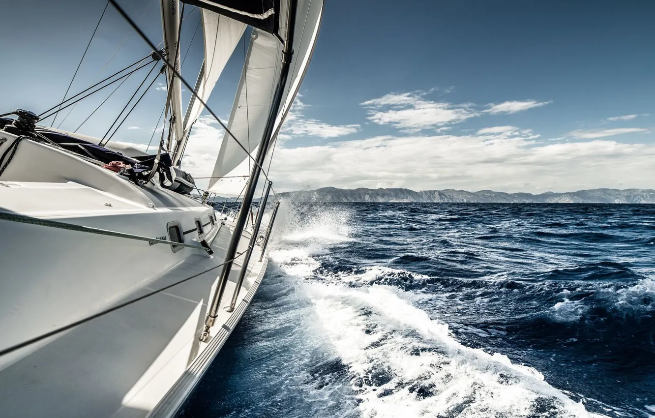 Photo wallpaper sea, wave, the way, movement, coast, yacht, sail