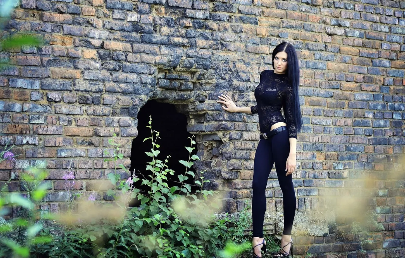 Photo wallpaper brunette, Natalia, brick wall, long legs.