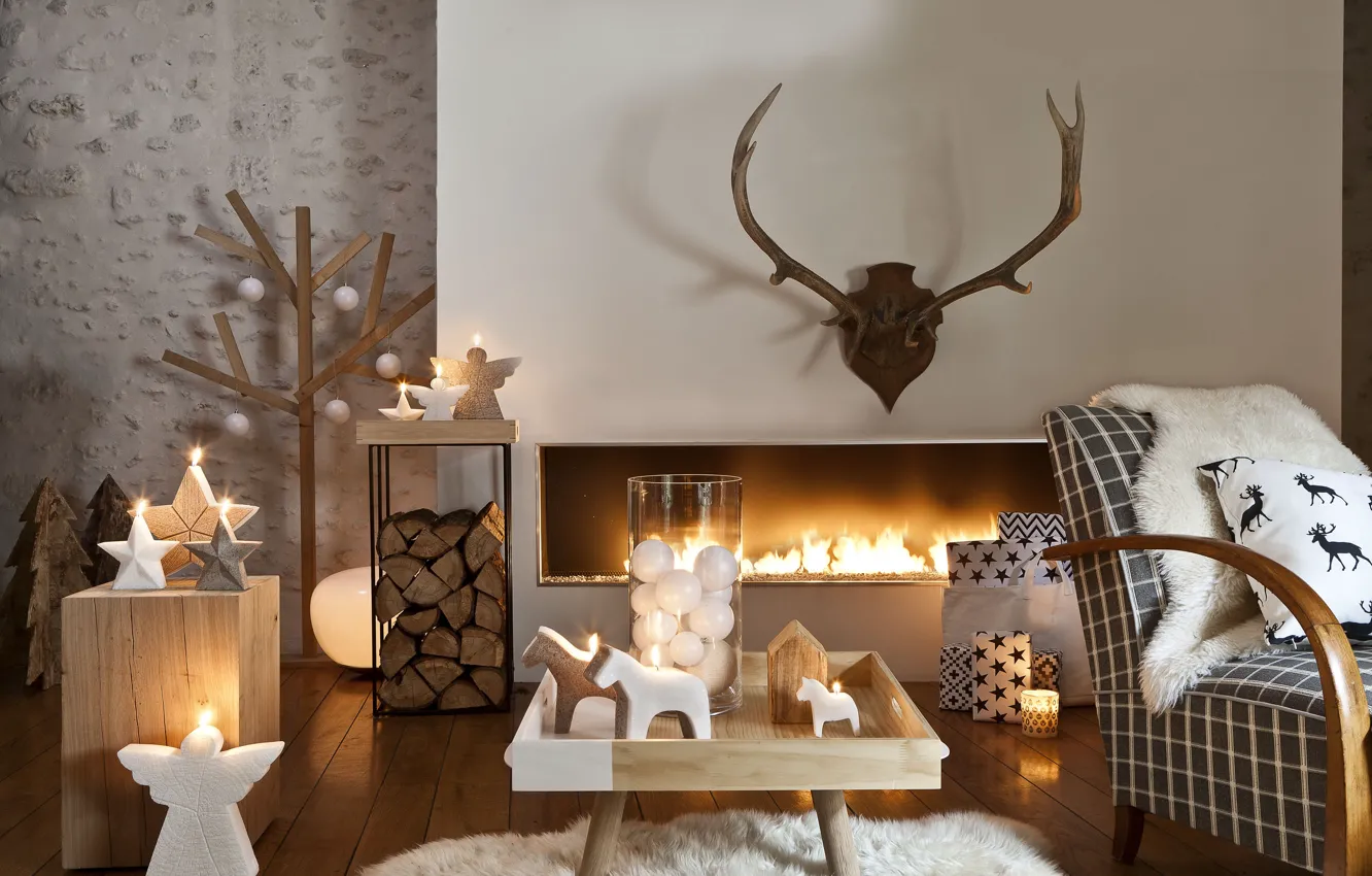 Photo wallpaper decoration, room, new year, Christmas, fireplace, furnished, modern