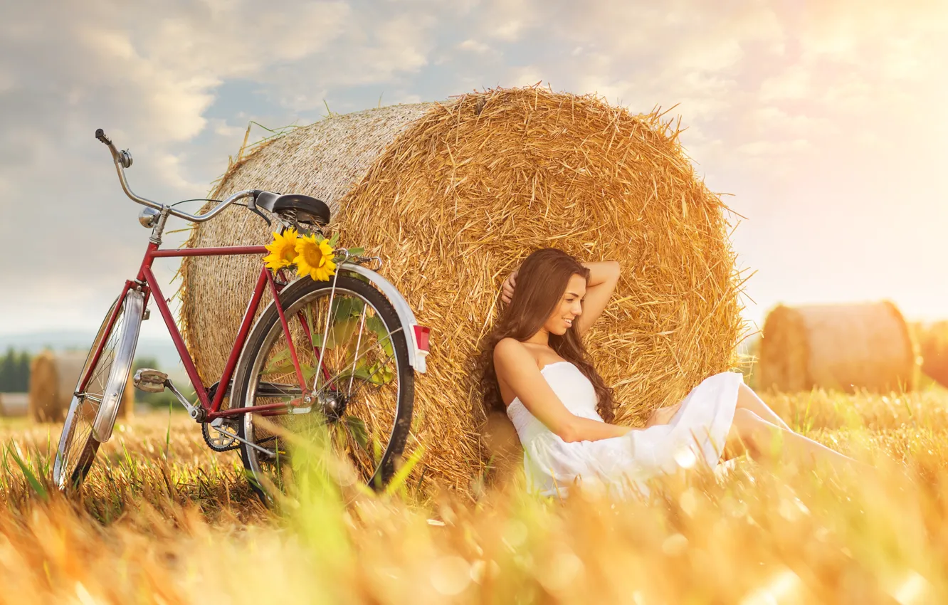 Photo wallpaper field, girl, sunflowers, bike, sunflower, haystack, girl bike, field haystack