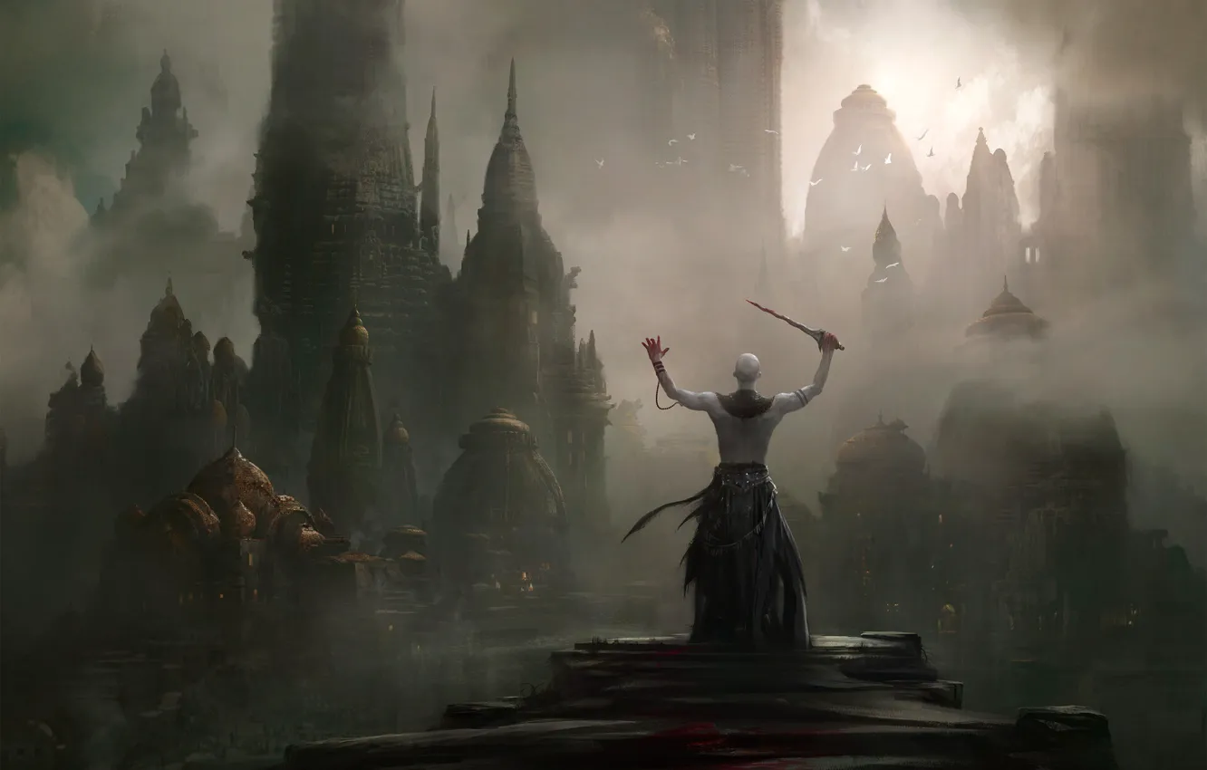 Photo wallpaper city, the city, fog, fiction, art, dagger, fantasy, architecture