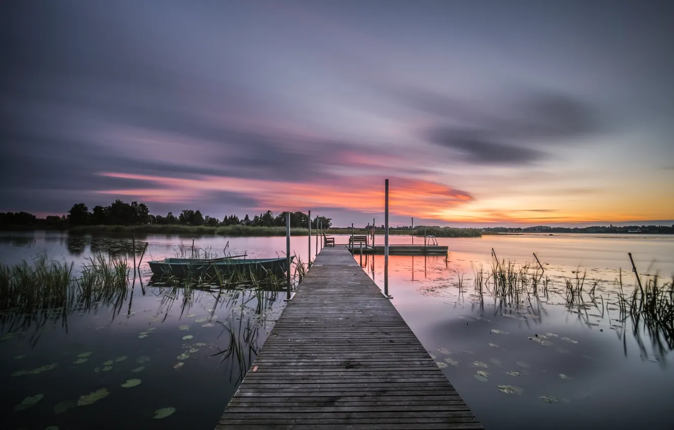 Photo wallpaper lake, boat, Sweden, the bridge