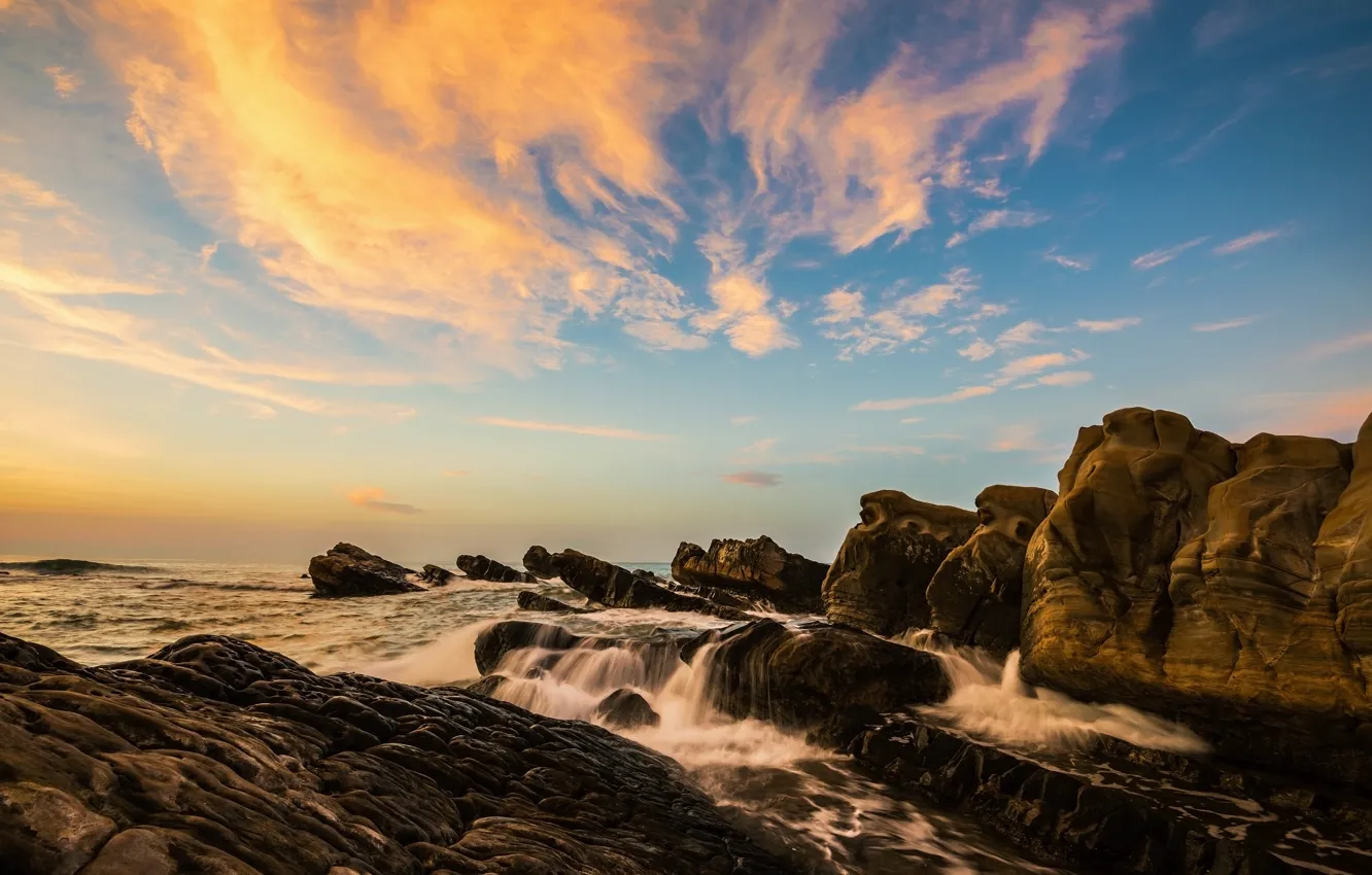 Photo wallpaper stones, surf, shore, boulders, sea, rocky, stream, blue sky
