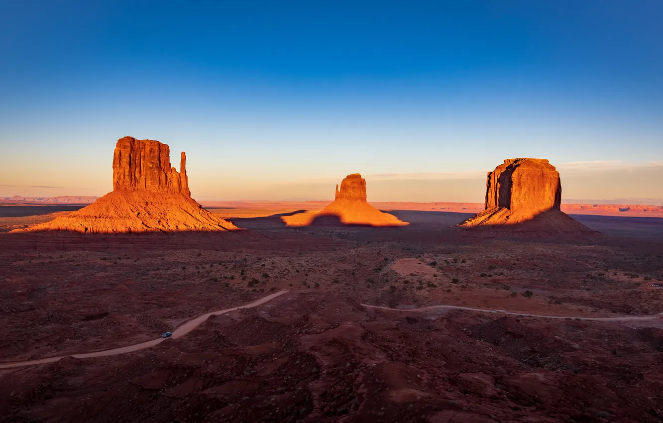 Photo wallpaper road, field, machine, the sky, light, mountains, blue, rocks