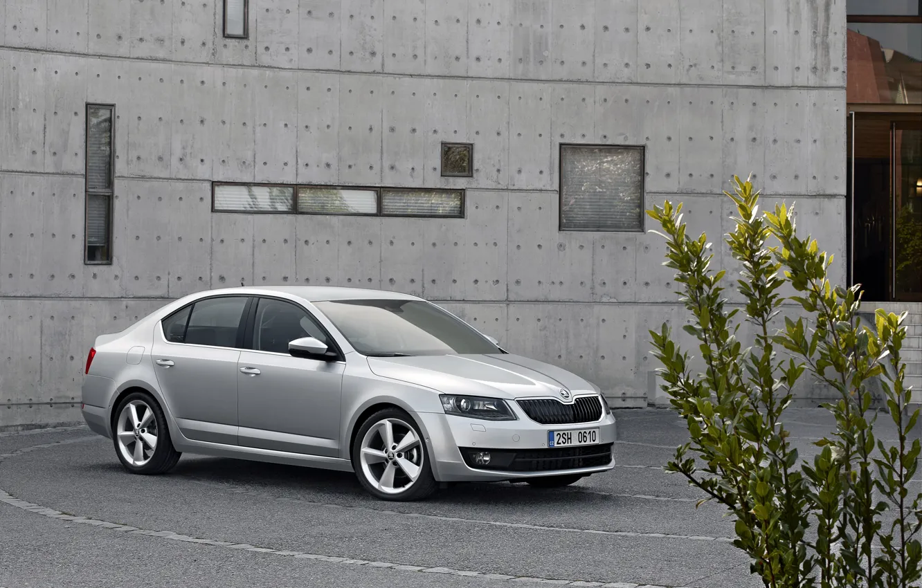 Photo wallpaper the building, Bush, sedan, Skoda, 2013, Skoda, Octavia, gray-silver