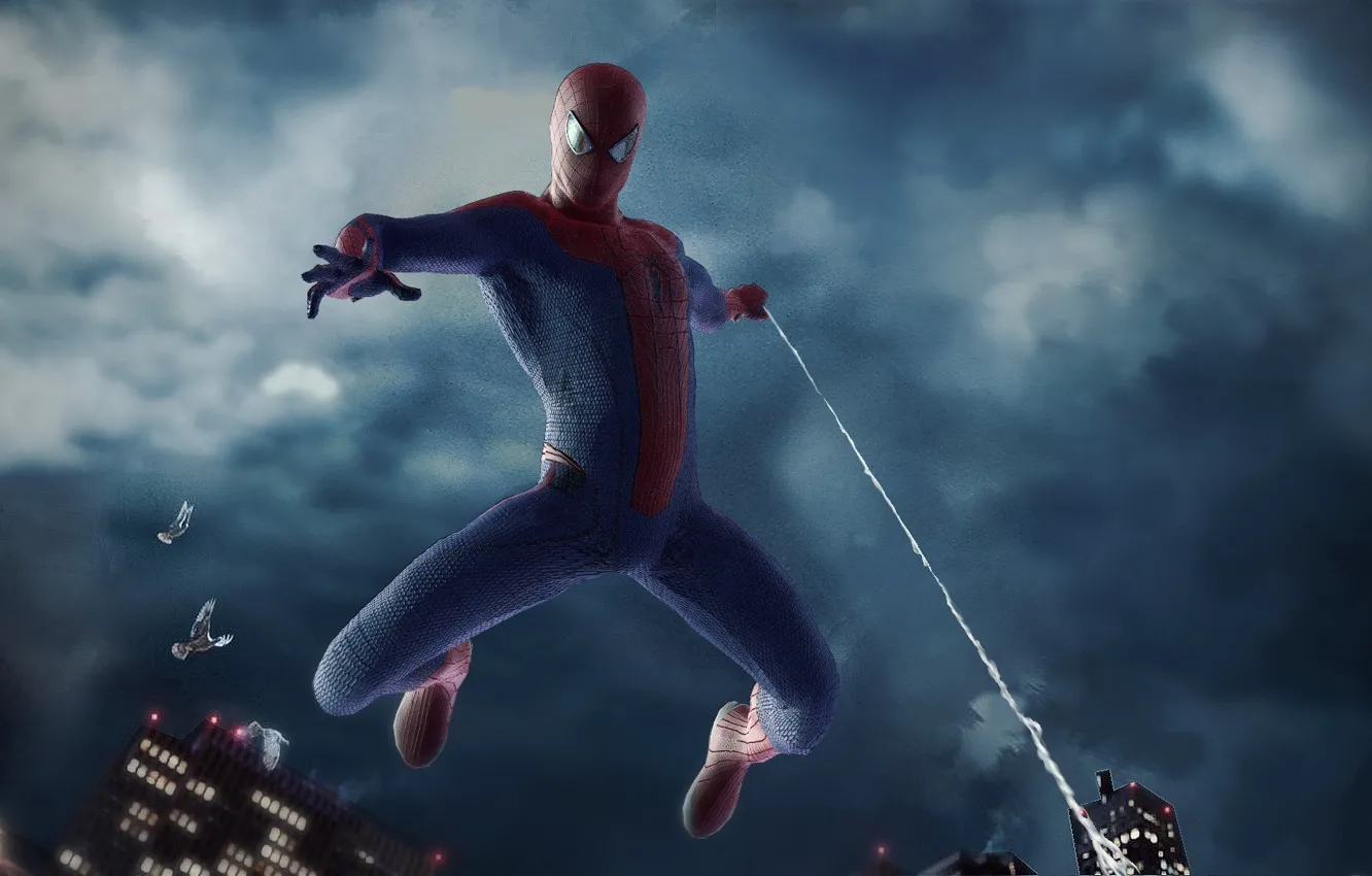 Photo wallpaper city, overcast, bird, New York, fly, Spider Man