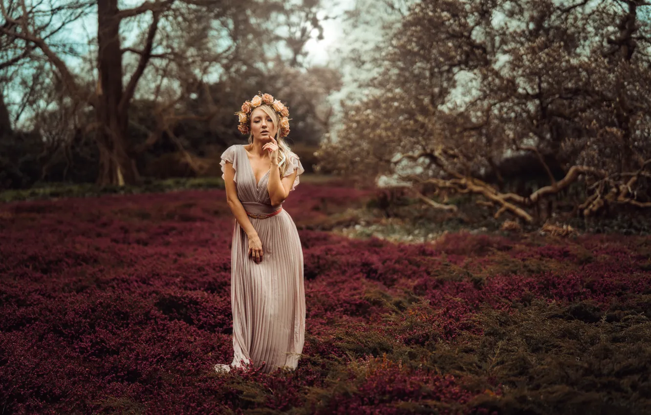 Photo wallpaper pose, glade, model, dress, wreath, Monika Metzner, Andreas-Joachim Lins