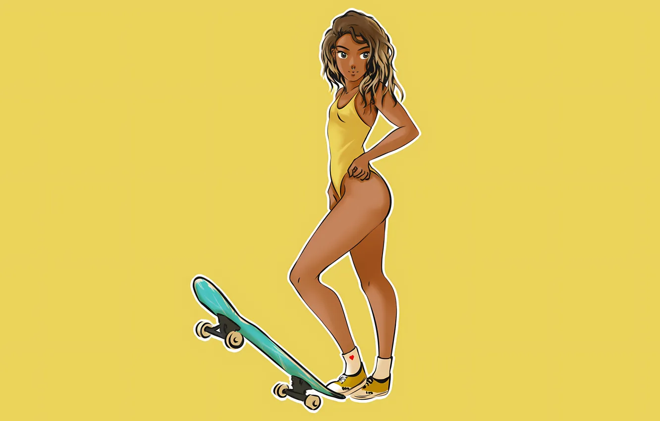 Photo wallpaper girl, sexy, cleavage, long hair, legs, brown hair, brown eyes, boobs