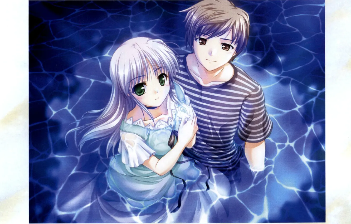 Photo wallpaper water, strips, glare, two, art, green eyes, visual novel, look up