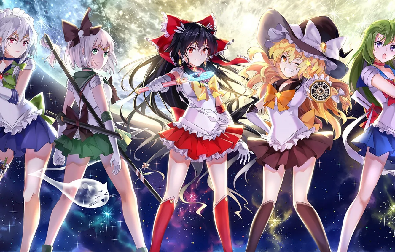 Photo wallpaper the sky, night, weapons, girls, the moon, hat, anime, art