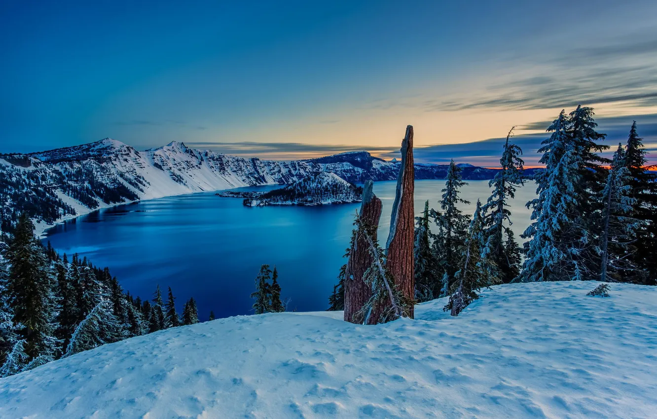 Photo wallpaper winter, snow, landscape, lake, sunrise, Crater Lake