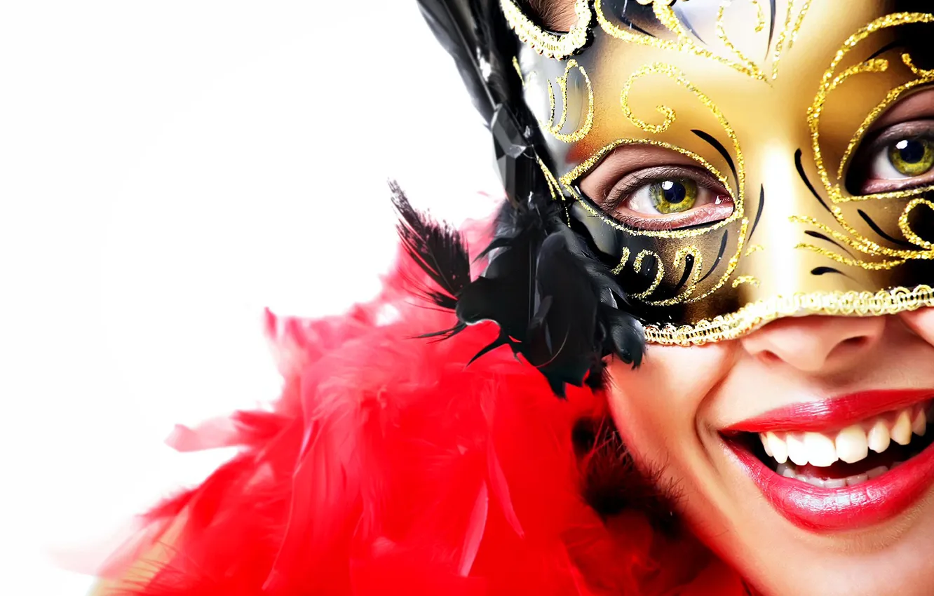 Photo wallpaper look, girl, face, smile, feathers, lipstick, mask, lips