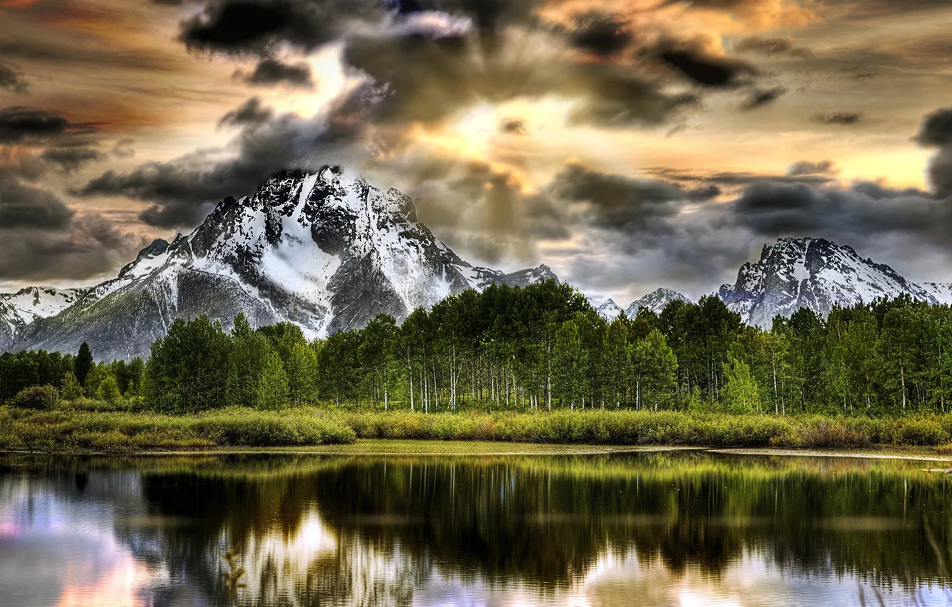 Photo wallpaper trees, mountains, lake, Oxbow Bend Lake