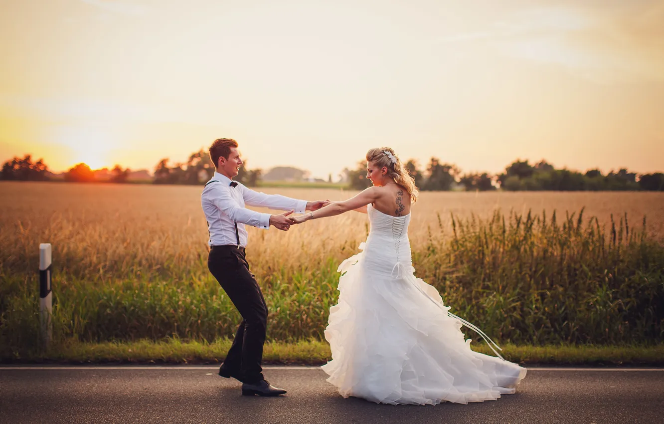 Photo wallpaper road, field, the sky, sunset, pair, the bride, wedding, the groom