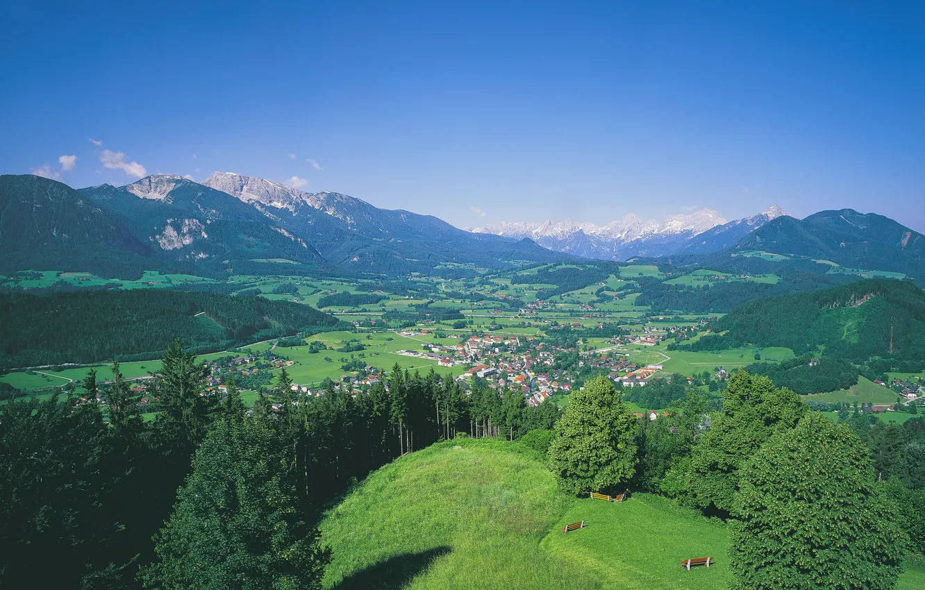 Photo wallpaper the sky, trees, mountains, home, Austria, valley, town, the village