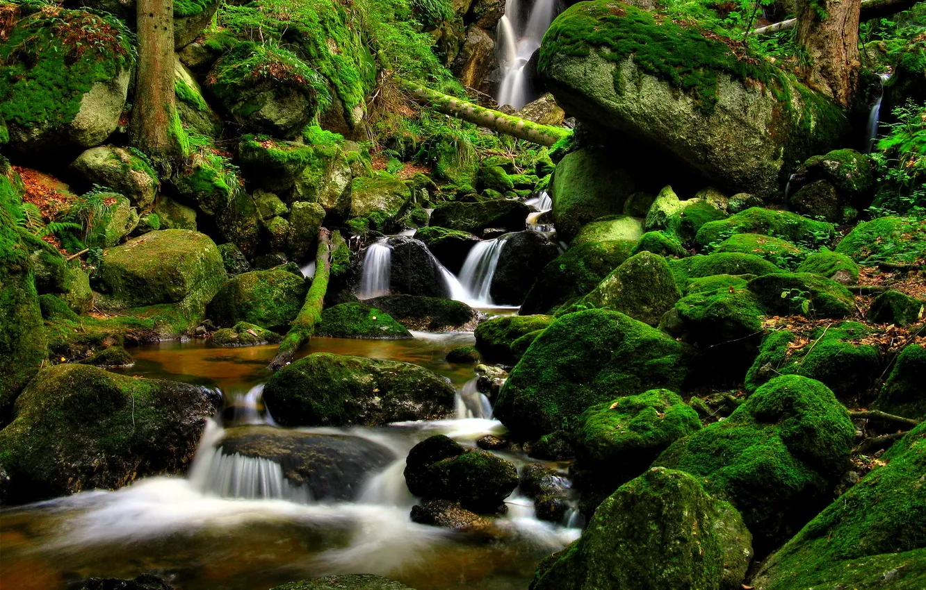 Photo wallpaper nature, stream, stones, waterfall