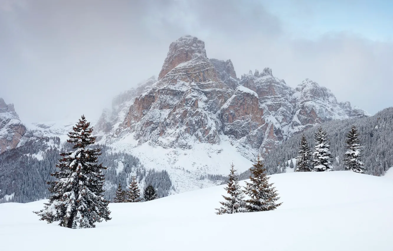 Photo wallpaper winter, clouds, snow, trees, mountains, rocks, Dolomites, Corvara