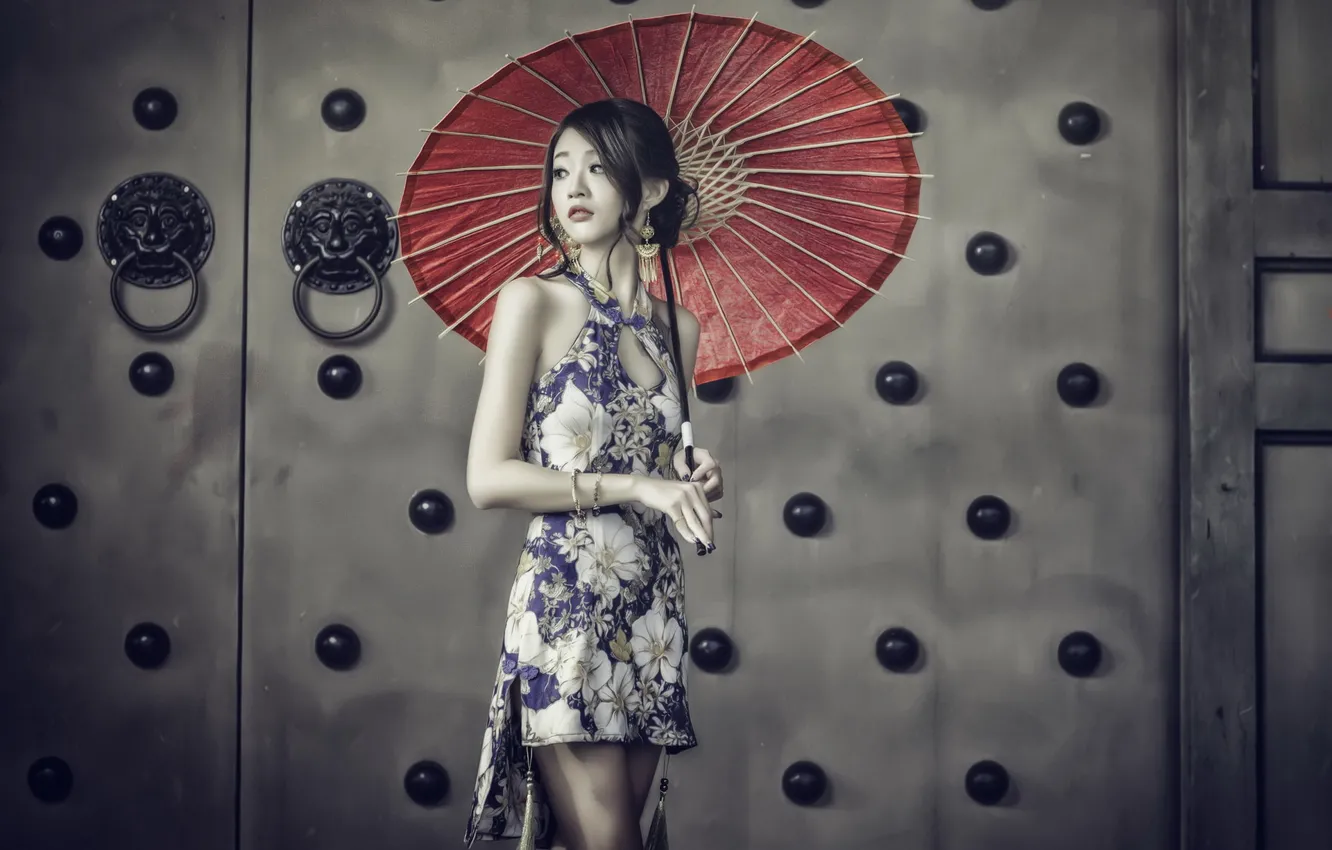 Photo wallpaper girl, umbrella, Asian