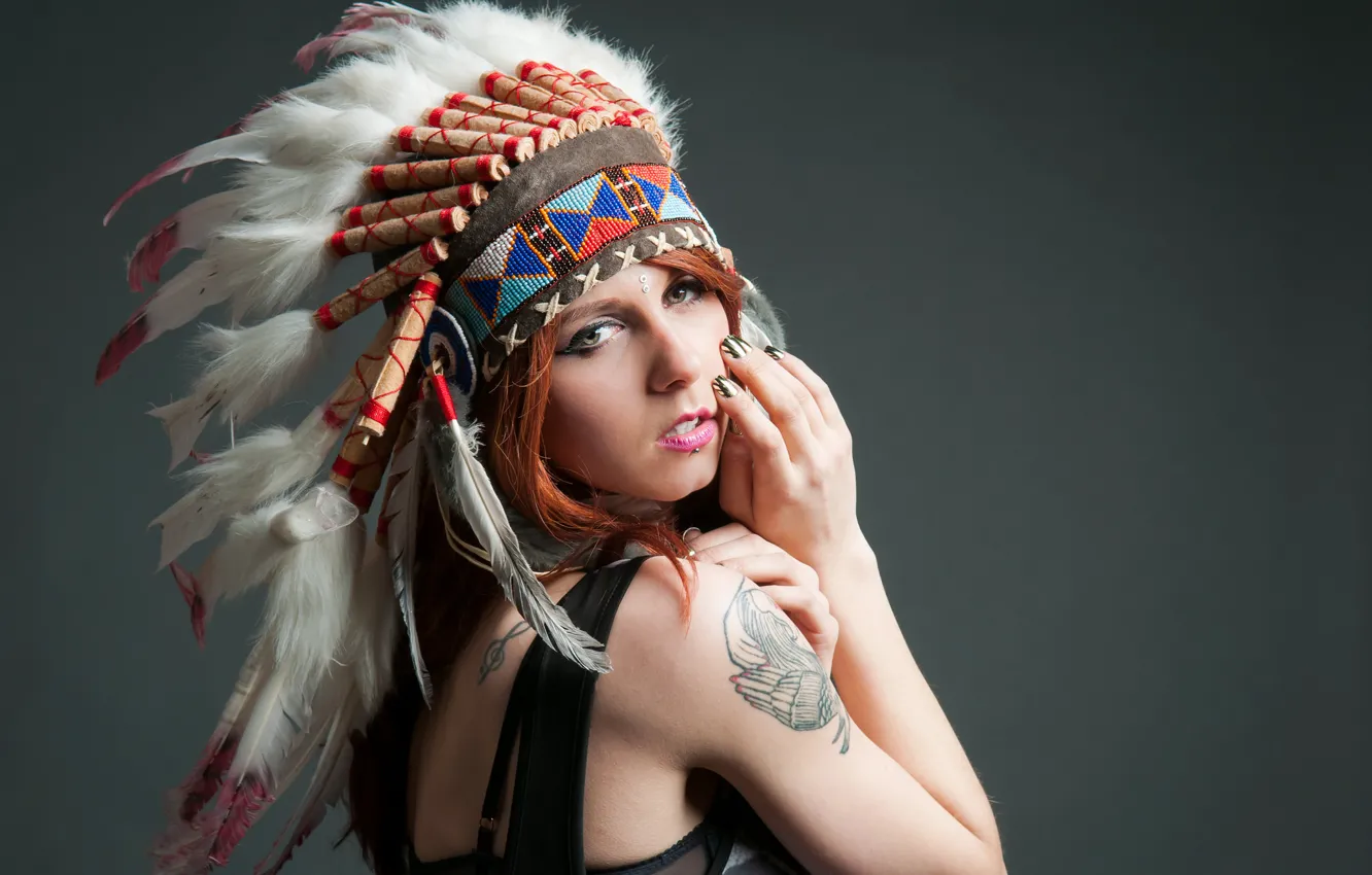 Photo wallpaper look, girl, face, background, feathers, tattoo, headdress