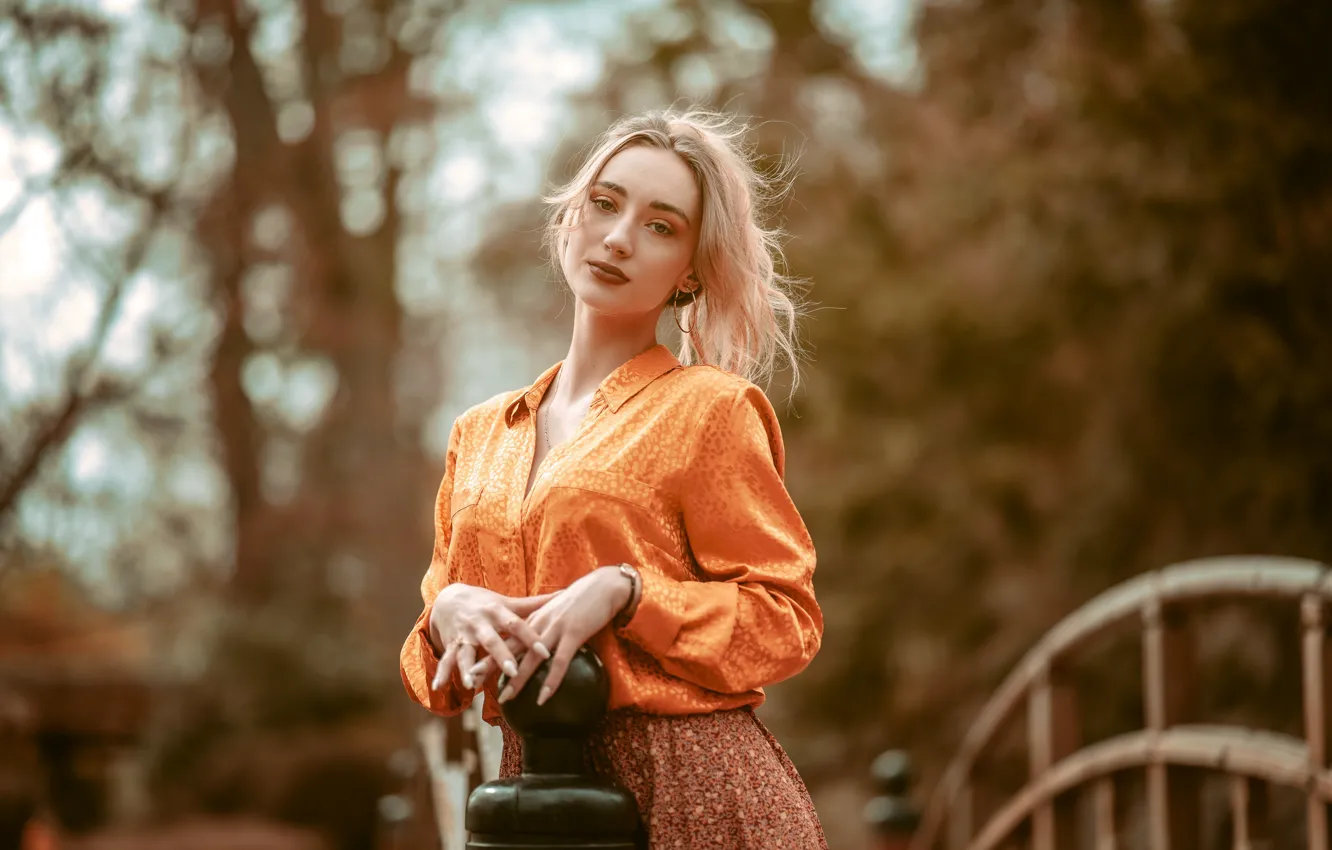 Photo wallpaper look, girl, pose, portrait, blouse, bokeh