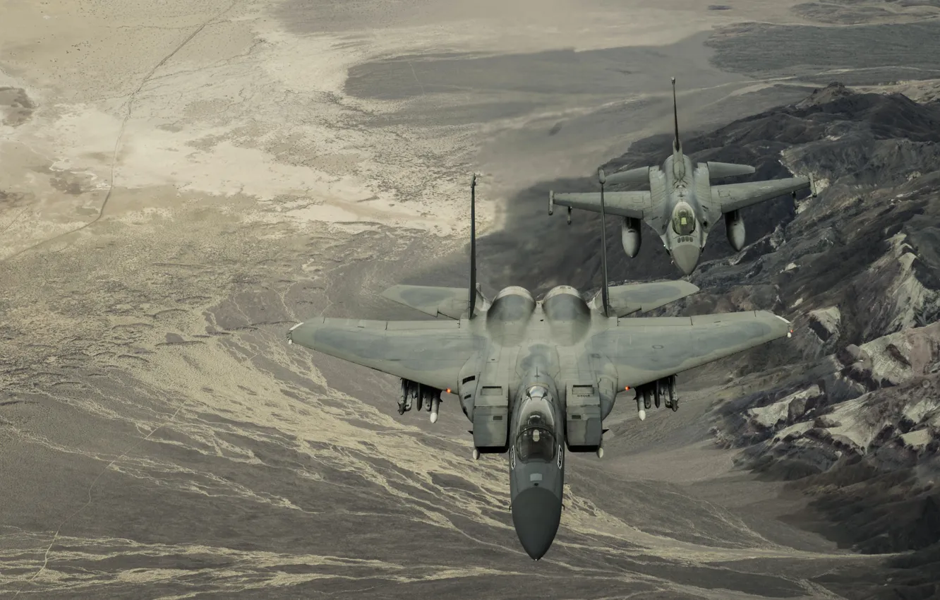 Photo wallpaper flight, mountains, fighter, Eagle, F-16, Fighting Falcon, F-15