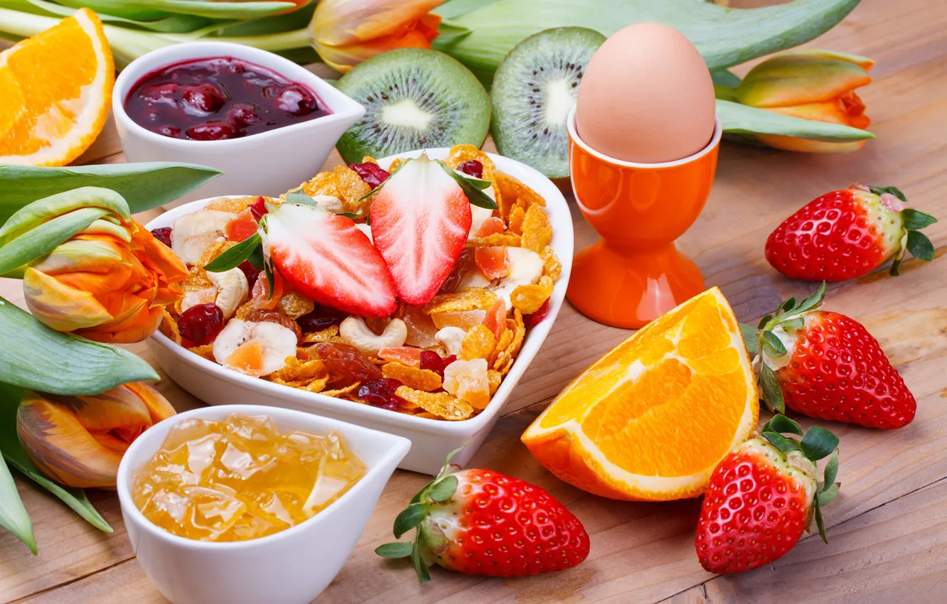 Photo wallpaper berries, egg, Breakfast, fruit, fruit, berries, breakfast, muesli