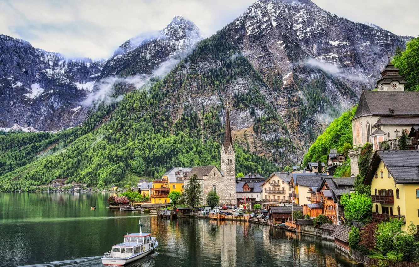 Photo wallpaper mountains, lake, building, home, Austria, Alps, Church, town