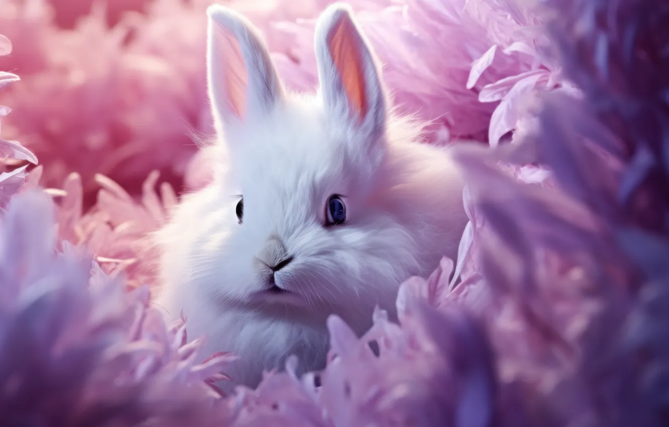 Photo wallpaper white, flowers, rabbit, Bunny, AI art, neural network
