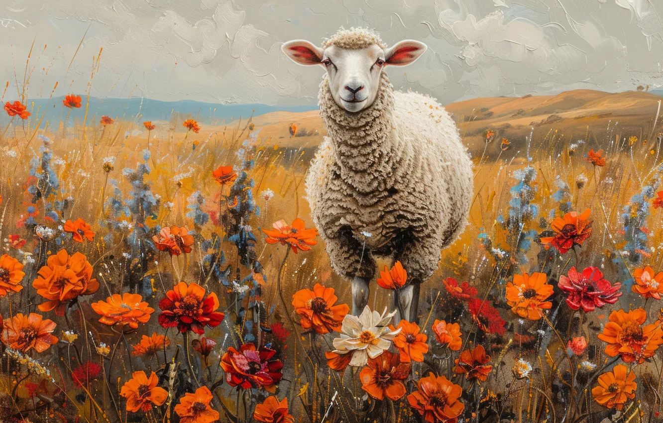 Photo wallpaper field, look, face, clouds, flowers, red, hills, sheep