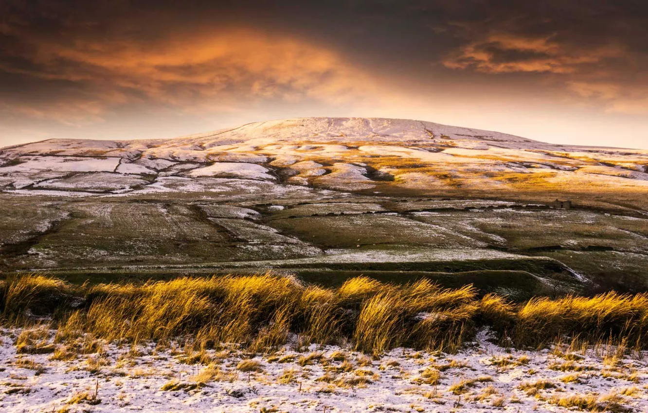 Photo wallpaper winter, grass, snow, nature, hills, Yorkshire, Angry