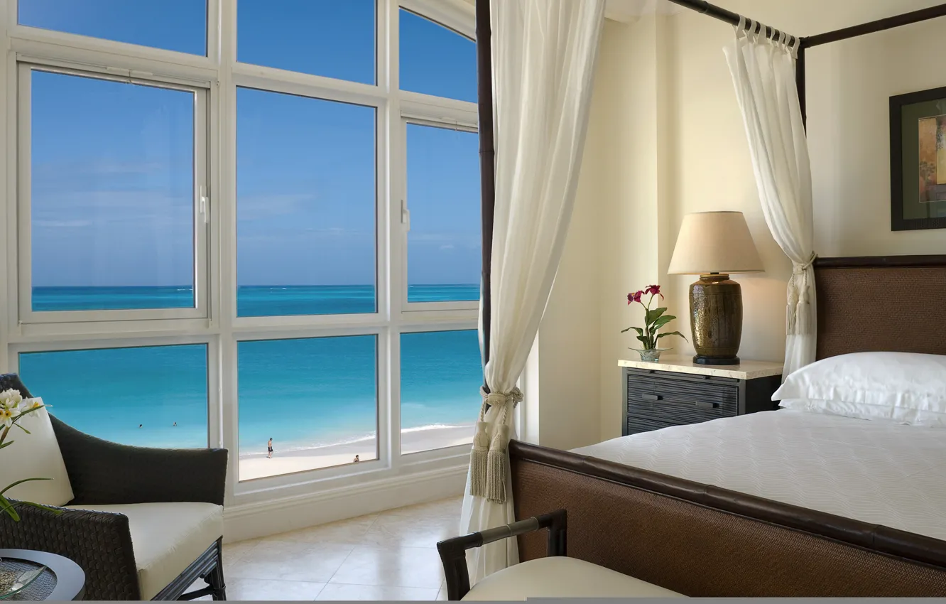 Photo wallpaper beach, the ocean, bed, chair, window, Room