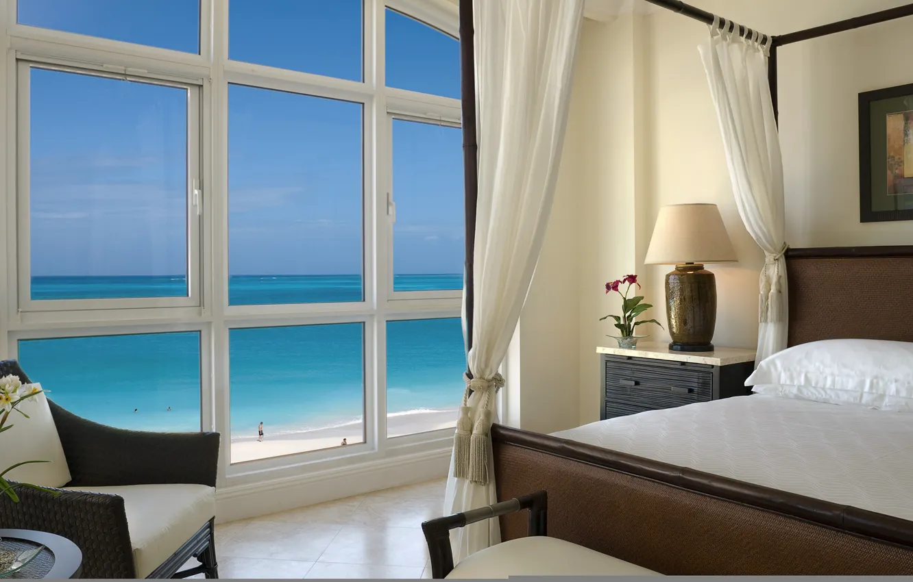 Photo wallpaper beach, room, the ocean, bed, chair, window