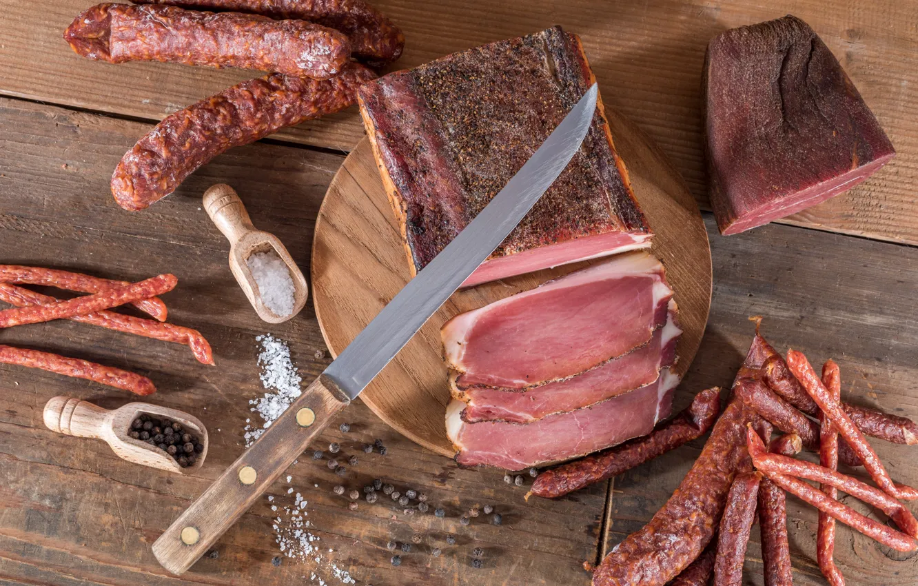 Photo wallpaper knife, meat, Board, sausage, bacon, spices, meat, sausage