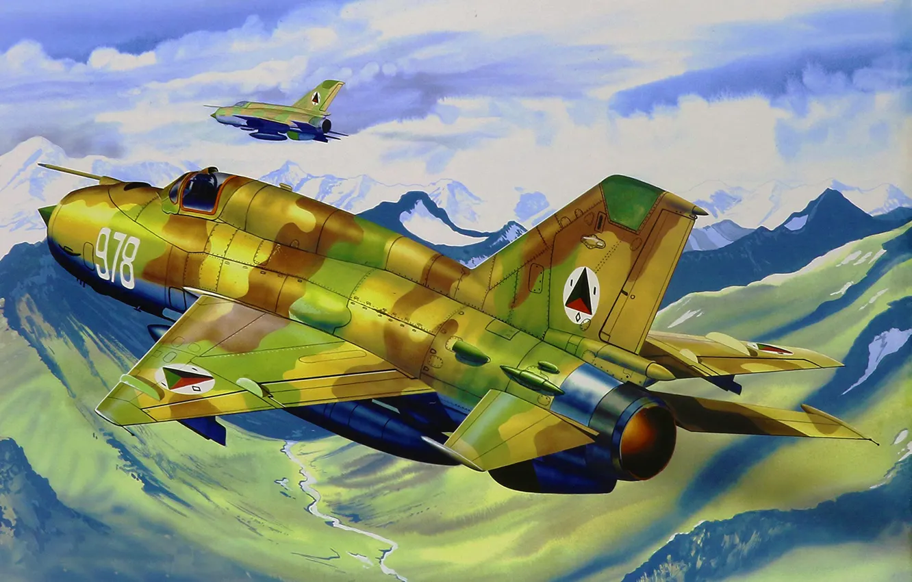 Photo wallpaper art, painting, aviation, jet, MiG-21 Fishbed