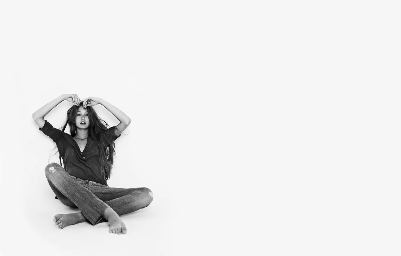 Photo wallpaper look, girl, sweetheart, model, minimalism, jeans, white background, black and white