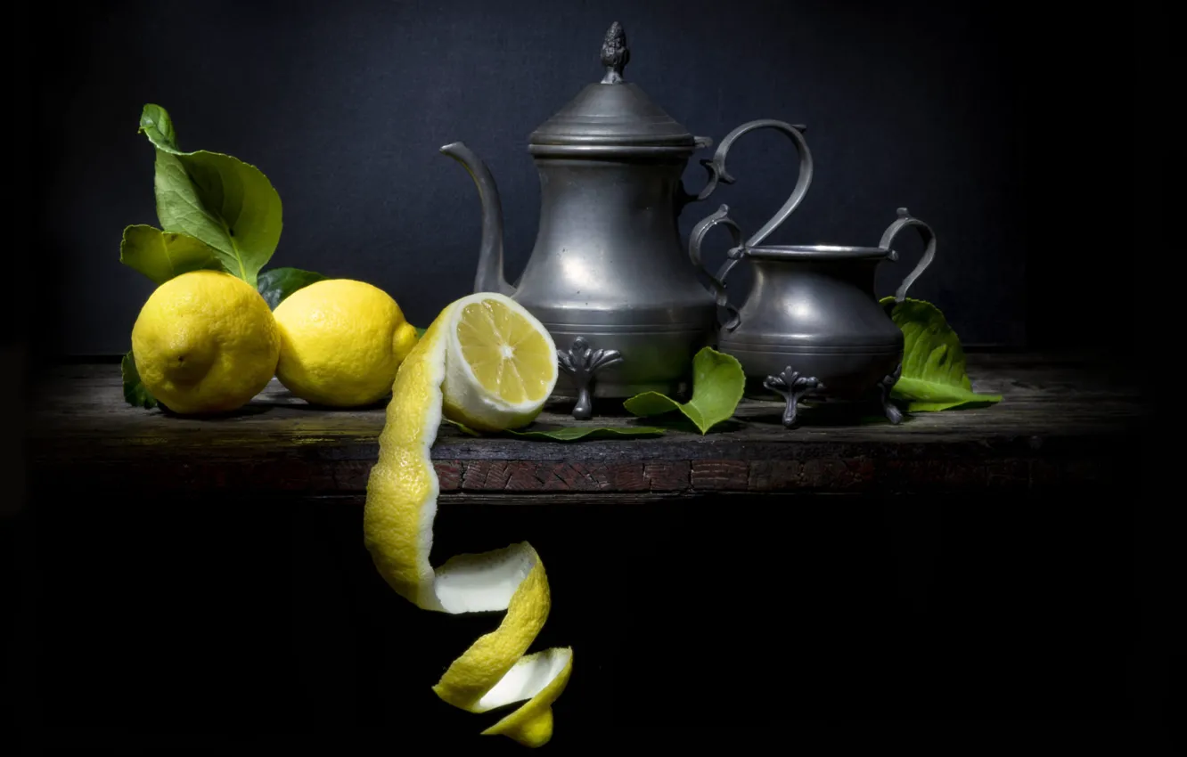 Photo wallpaper leaves, metal, table, lemon, Board, kettle, dishes, black background