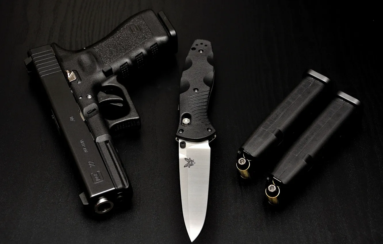 Photo wallpaper gun, weapons, table, black, knife, cartridges, black, shop