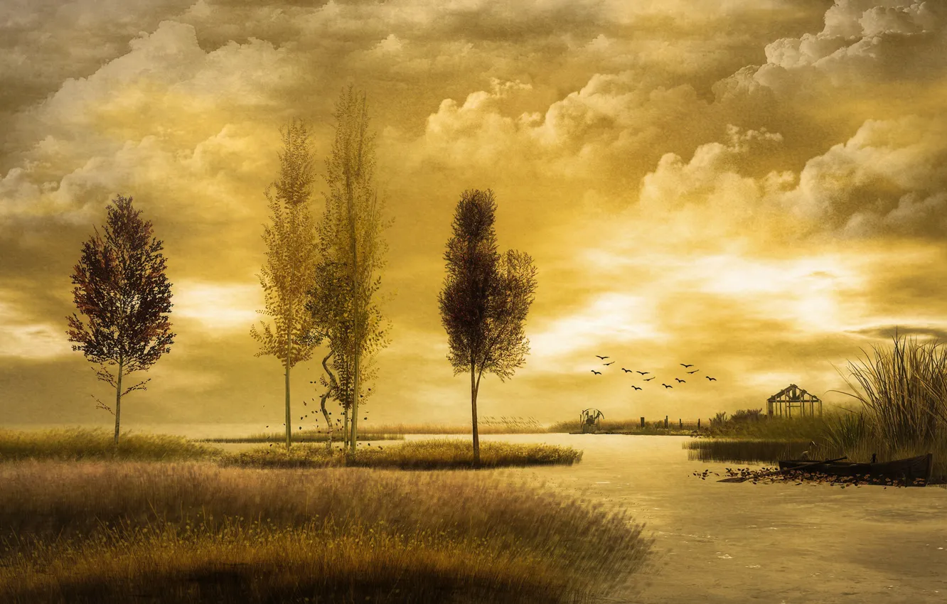 Photo wallpaper autumn, trees, birds, river, boat