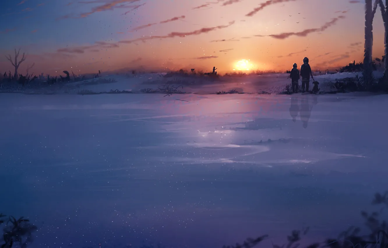 Photo wallpaper winter, the sky, sunset, children, lake, dog