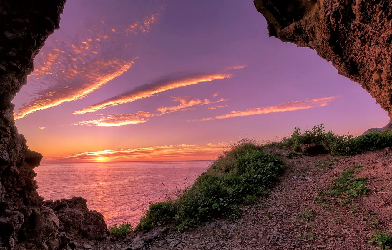 Photo wallpaper the sky, grass, clouds, landscape, sunset, nature, the ocean, rocks