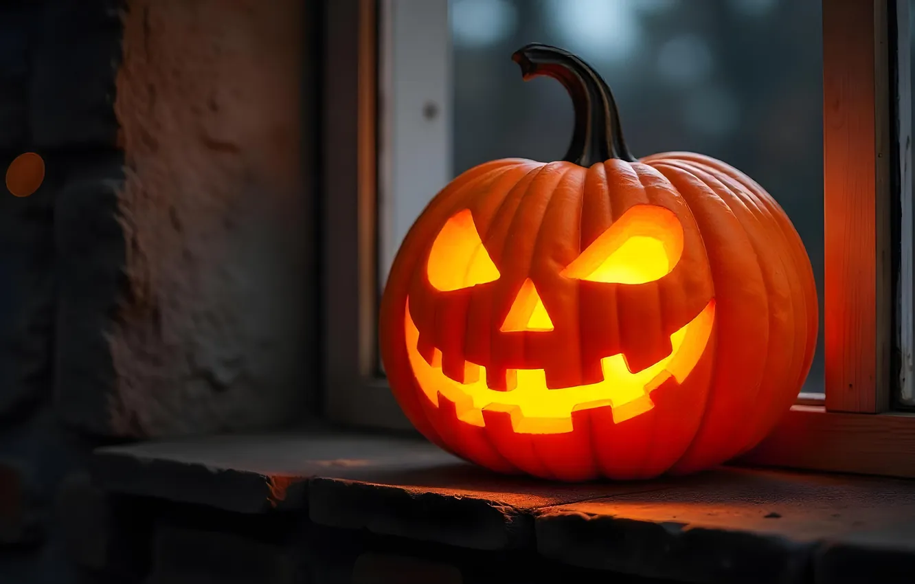 Photo wallpaper autumn, lights, smile, the dark background, holiday, window, pumpkin, Halloween