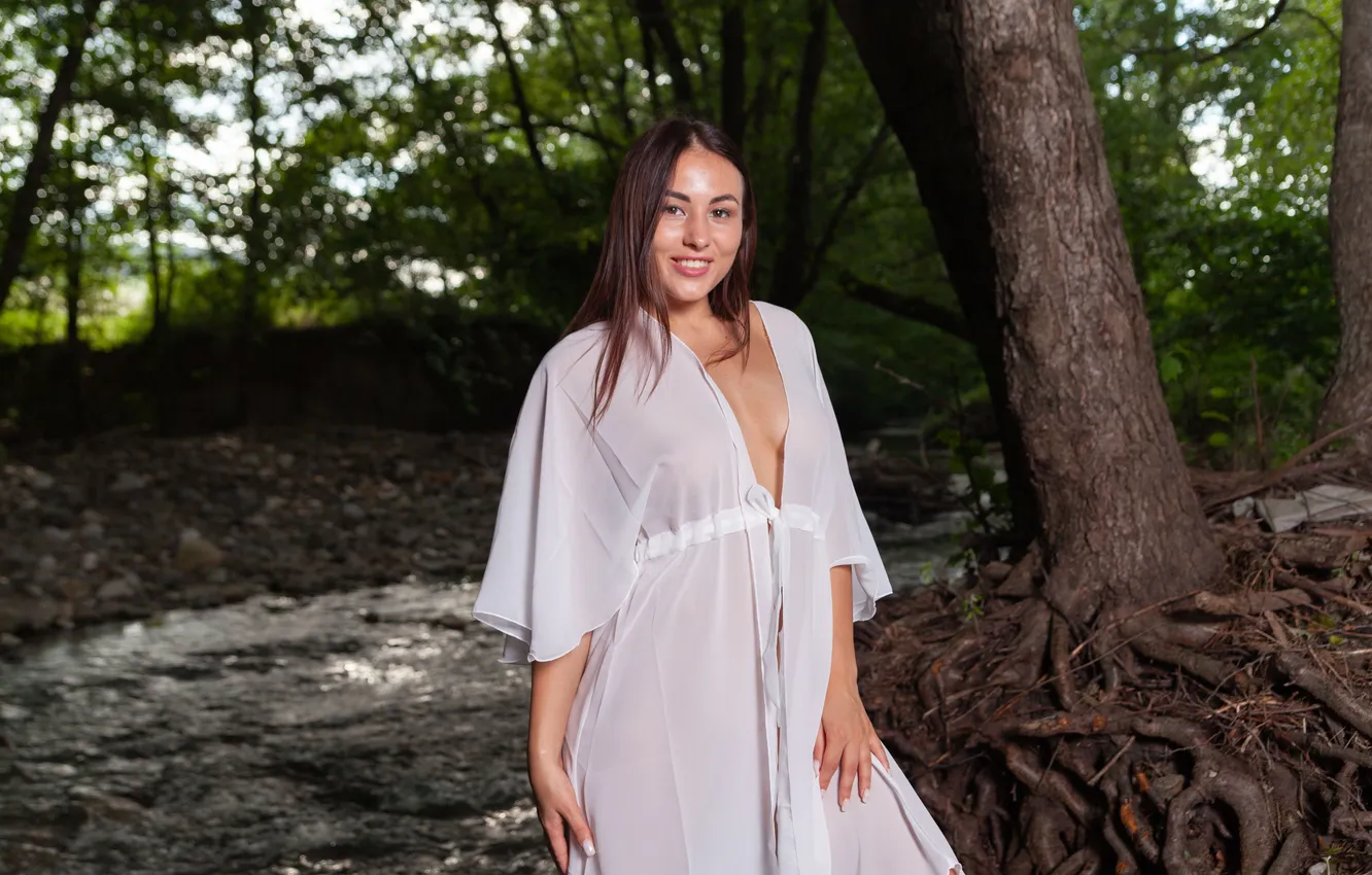 Photo wallpaper forest, cleavage, trees, nature, brunette, gorgeous, stream, posing