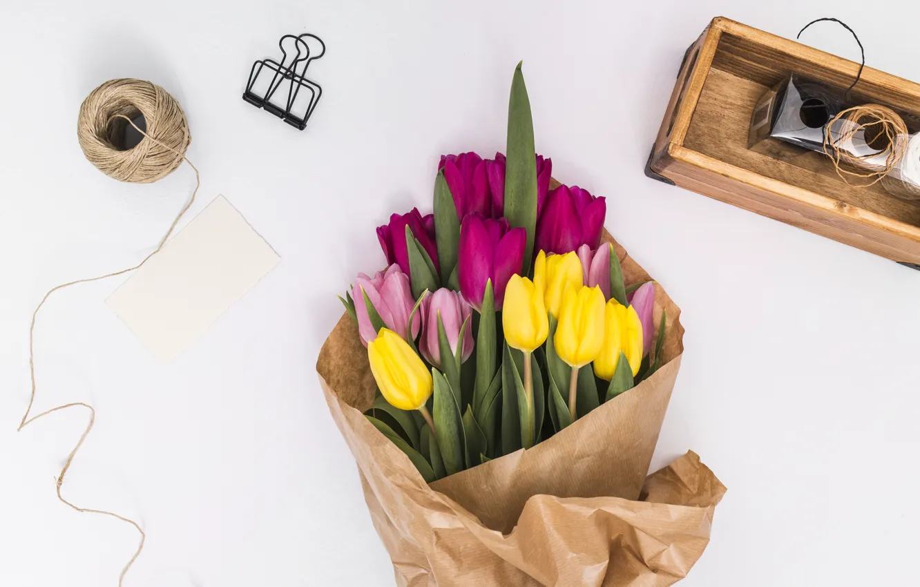 Photo wallpaper flowers, yellow, bouquet, colorful, tulips, pink, yellow, pink