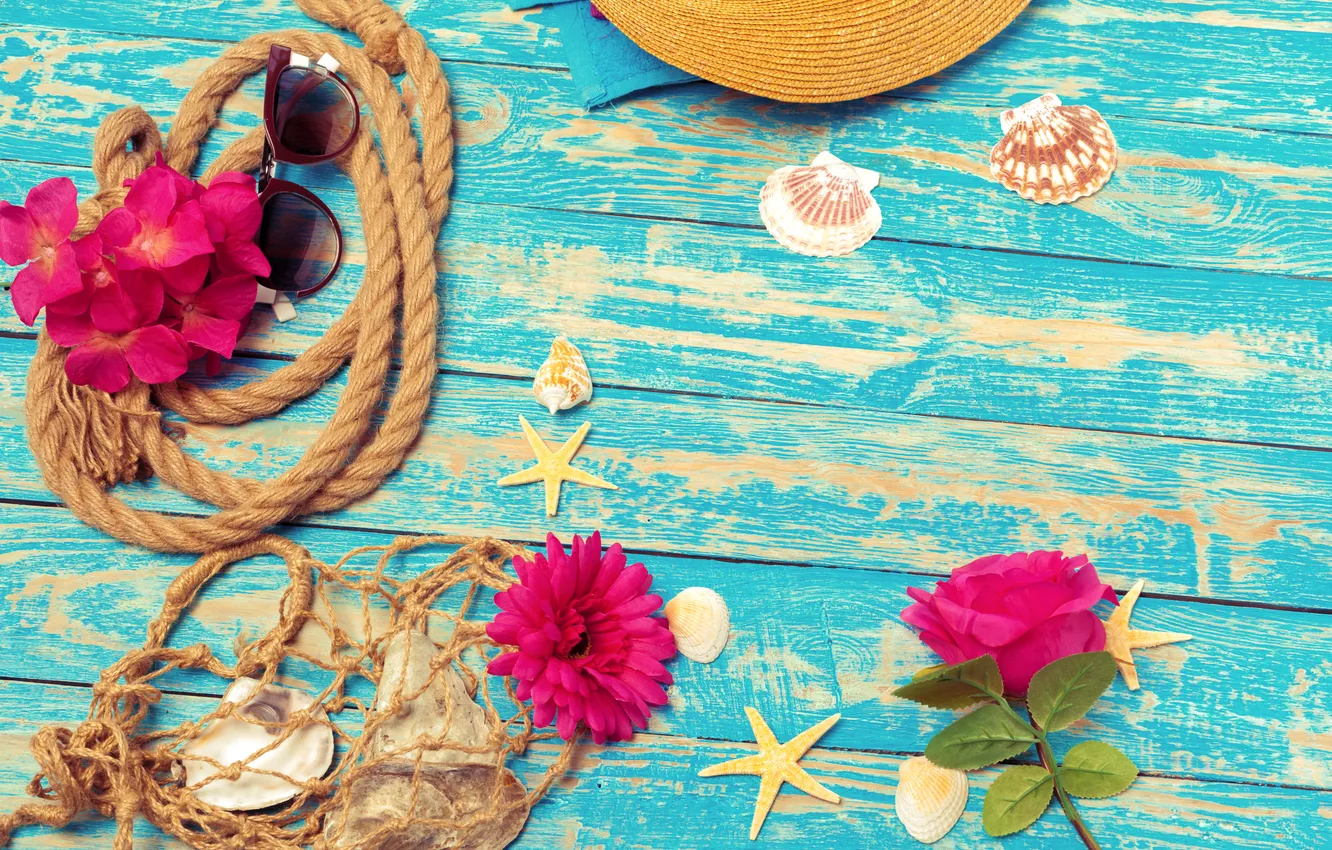 Photo wallpaper beach, summer, stars, flowers, stay, shell, summer, beach