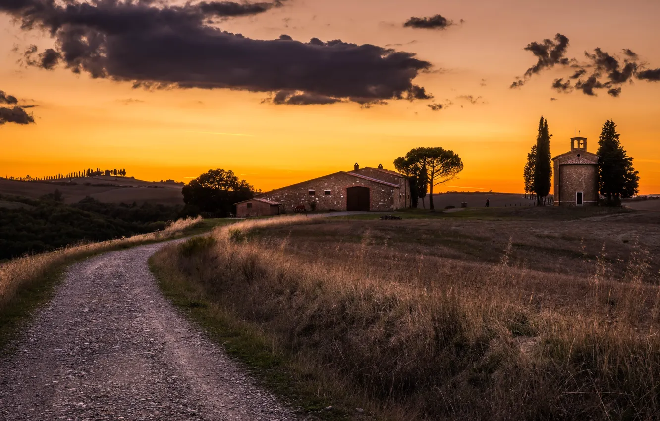 Photo wallpaper road, sunset, farm