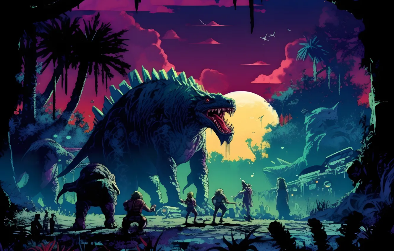 Photo wallpaper animal, the moon, people, monster, dinosaur, predator, teeth, mouth