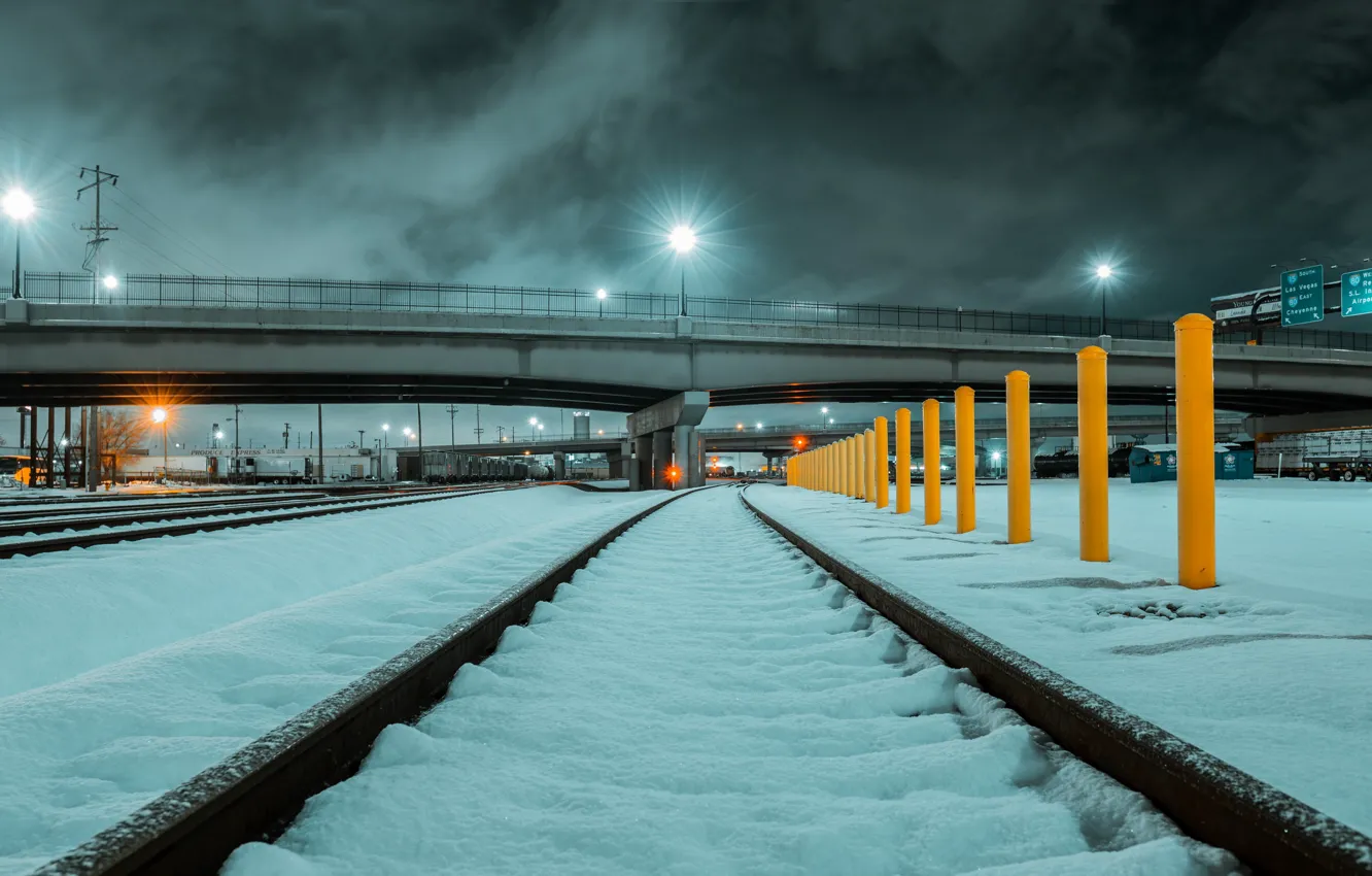 Photo wallpaper city, lights, USA, bridge, night, winter, clouds, snow