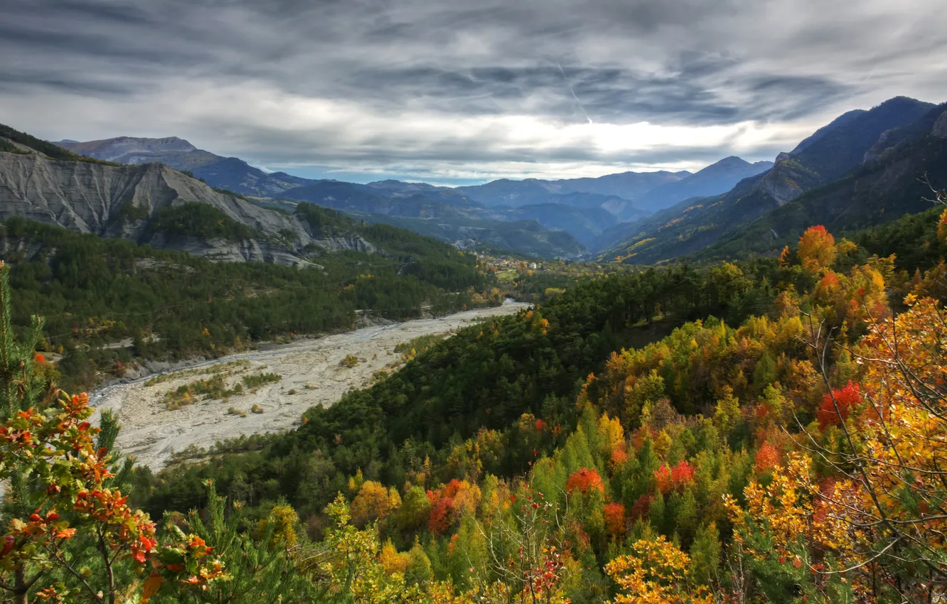 Photo wallpaper autumn, forest, clouds, trees, mountains, stream, France, valley