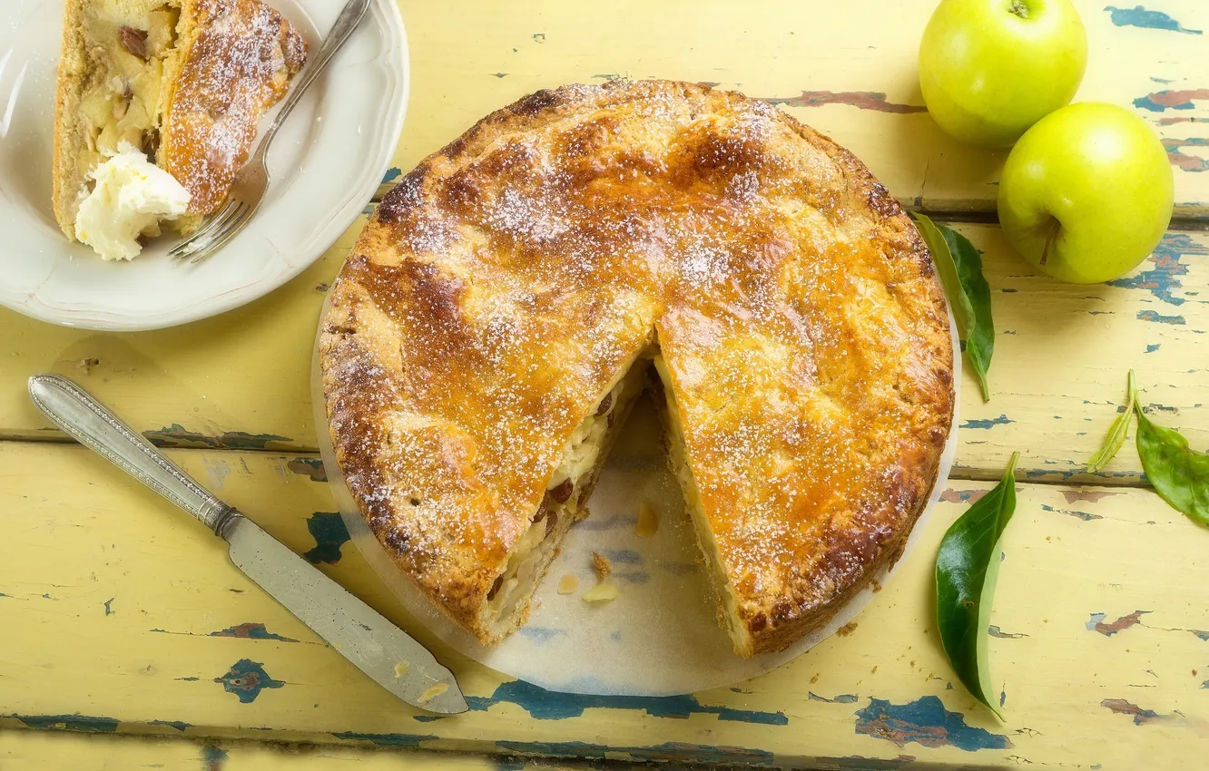 Photo wallpaper leaves, apples, plate, knife, plug, Apple pie