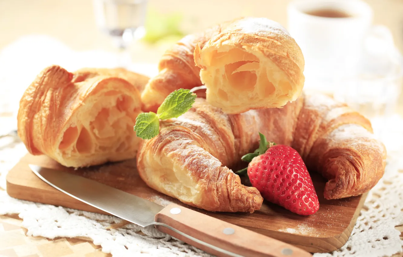 Photo wallpaper Breakfast, strawberry, cakes, strawberry, growing, breakfast, croissant